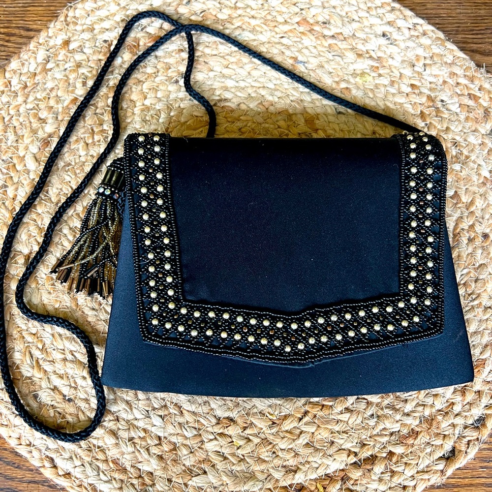 Vintage 🖤 Sharmark Las Vegas Black Satin Beaded Gold Grommet Studded Purse